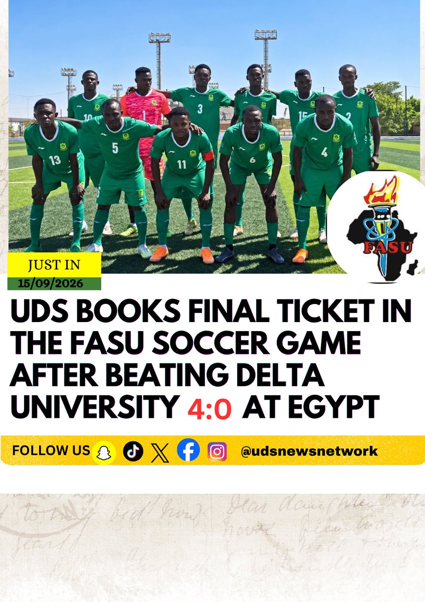 udsnewsnetwork's tweet photo. 📍JUST IN📍
The defending champions put on a commanding display, cruising to a 4–0 victory over Delta University in Egypt to book their place in the grand finale. ⚽💪

One more game. One more step. ONE MORE TROPHY! 🏆💚

#UDS #Developers #FASU2026 #FASUGames #RoadToTheFinal https://t.co/iRdD7UfpSA