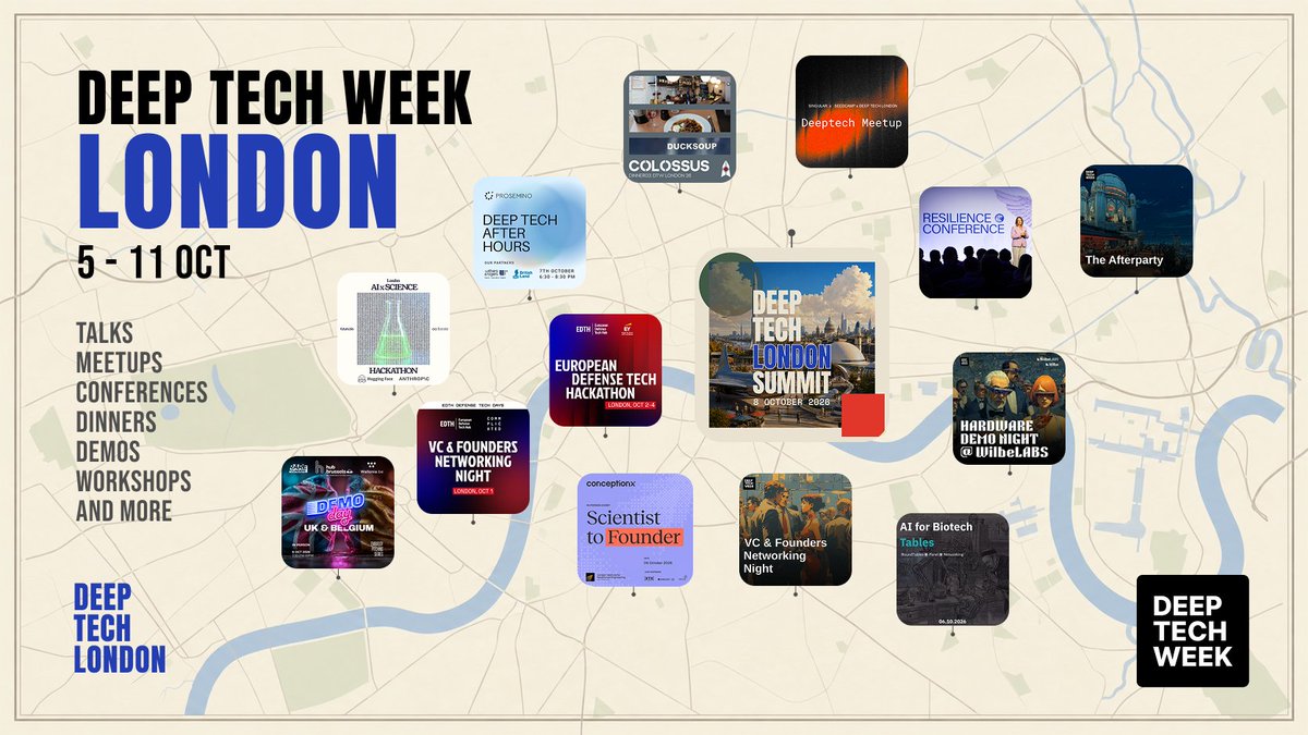 DeepTechLdn's tweet photo. London is getting its first Deep Tech Week in three weeks!

From 5 - 11th October London will host events throughout the city, anchored by the Deep Tech London Summit on the 8th.

Talks, Panels, Demos, Hacks, Dinners, Drinks and more.
Running something that week - or planning to?

Comment with the details and let’s get it on the @deeptechweek calendar.

https://t.co/yskTc8iACO