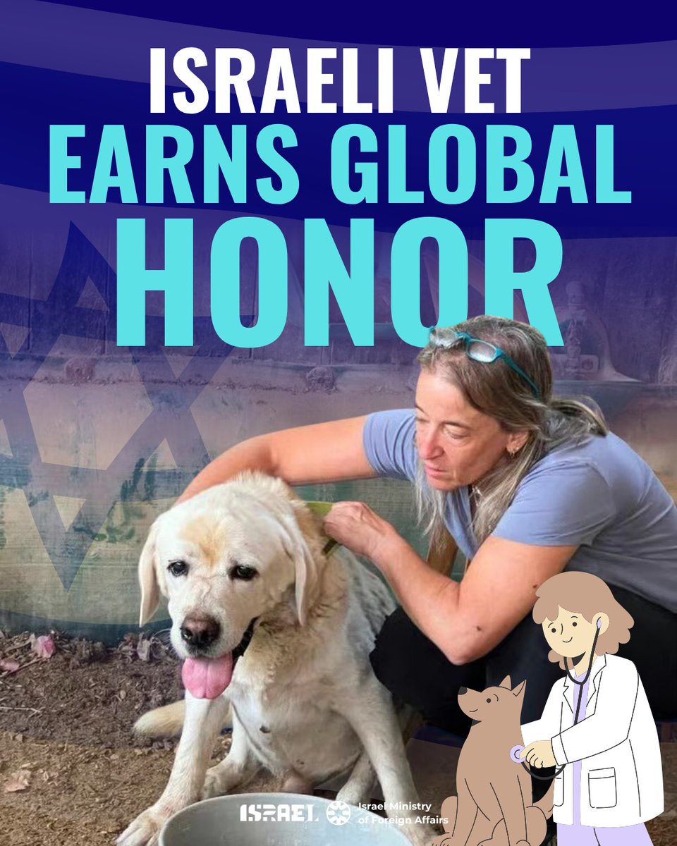 Israel's tweet photo. One of the world’s top veterinary awards just went to Israeli veterinarian Dr. Galia Melman Shalev. 🐾🇮🇱

On October 8, 2023, she risked her life to rescue hundreds of animals from communities near Gaza, later opening a free emergency veterinary clinic for evacuated families and their pets.

Now, she’s being recognized for her extraordinary courage and compassion. 💙

📸 Dr. Galia Melman Shalev

#veterinarymedicine #animalrescue #animalheroes #inspiringstories #israel