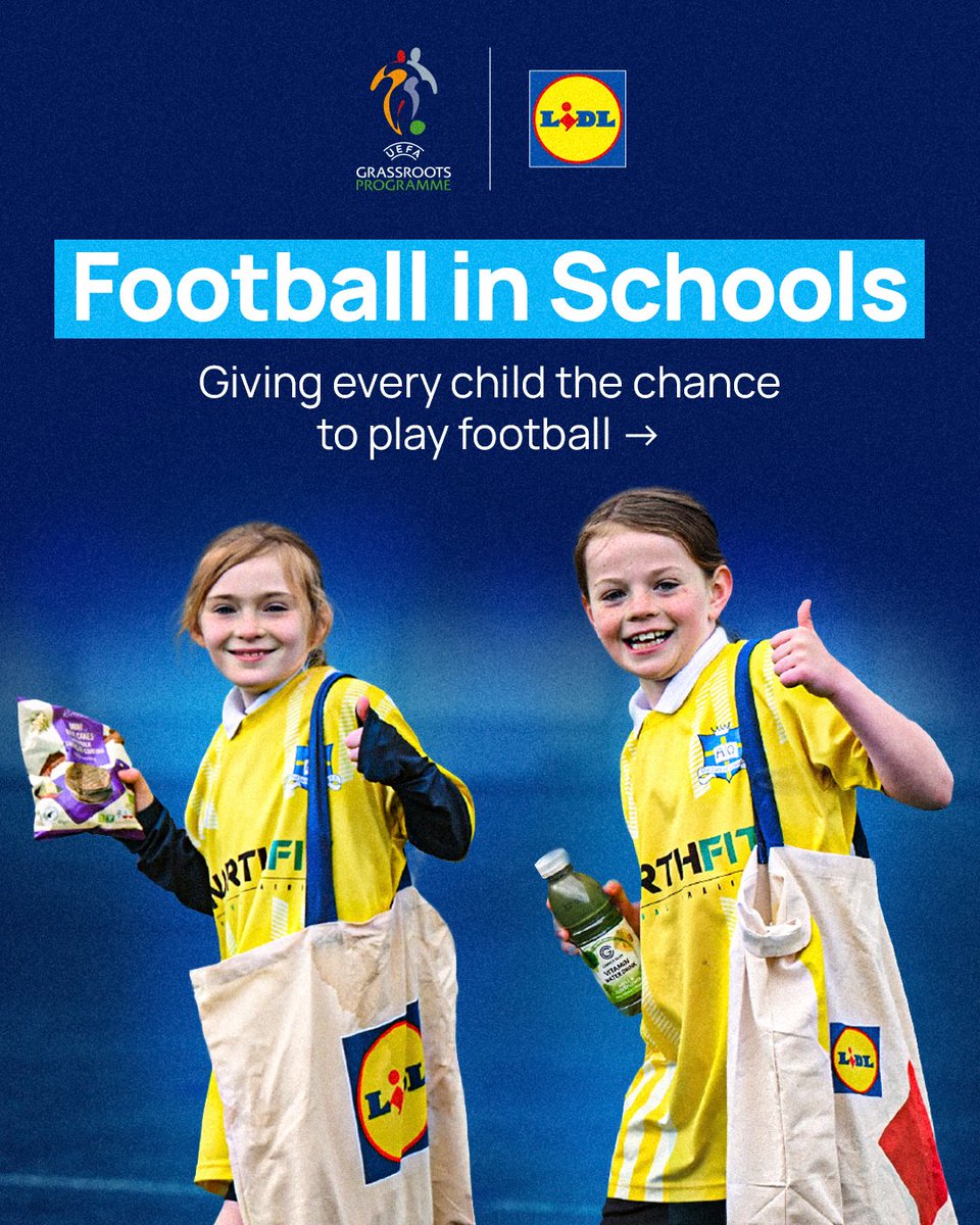UEFA's tweet photo. ⚽ 7.6 million children. 41,500 schools. Nearly 111,000 teachers.

🤝 These are just some of the numbers behind UEFA Football in Schools – an initiative, supported by Lidl, that brings positive, inclusive football experiences to children across Europe.

🔗 Learn more: https://t.co/NtiITgK0cC