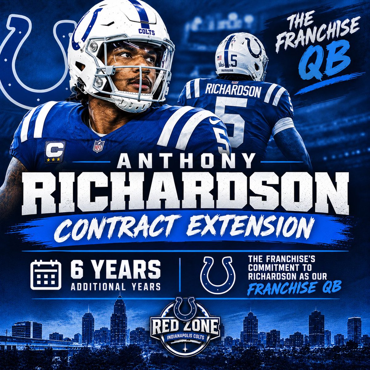RZIndColts's tweet photo. 📝 The Colts have extended the contract of QB Anthony Richardson an additional 6 years! This signals the franchise’s commitment to Richardson as QB1 for the foreseeable future! 

👏 Congratulations to QB1! Time to heal up and get to work!

#ForTheShoe #RZ103 #RZColts https://t.co/H77E96crcS
