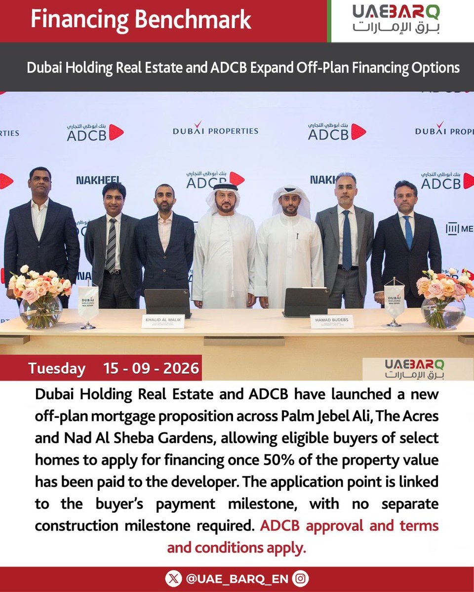 UAE_BARQ_EN's tweet photo. Dubai Holding Real Estate and ADCB have launched a new off-plan mortgage proposition across Palm Jebel Ali, The Acres and Nad Al Sheba Gardens, allowing eligible buyers of select homes to apply for financing once 50% of the property value has been paid to the developer. The application point is linked to the buyer’s payment milestone, with no separate construction milestone required. ADCB approval and terms and conditions apply.