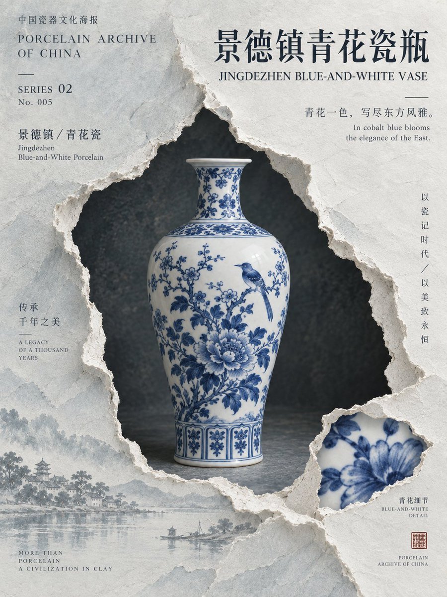 binwenyu1's tweet photo. YUSyntra AI · Porcelain Archive · Eastern Object Rift Poster

SET 02 — PORCELAIN ARCHIVE OF CHINA

A new experiment with Chinese porcelain.

This time I kept the torn-paper visual language, but changed the color system to match the character of each ceramic piece — softer, quieter, and more focused on glaze, form, and material.

This set includes:

Blue-and-White Landscape Jar / Famille Rose Floral Plate / Enamel-Painted Bowl / Jingdezhen Blue-and-White Vase / Lang Kiln Red Guanyin Vase

Same visual system, different porcelain personalities.

Hope you like this series.
