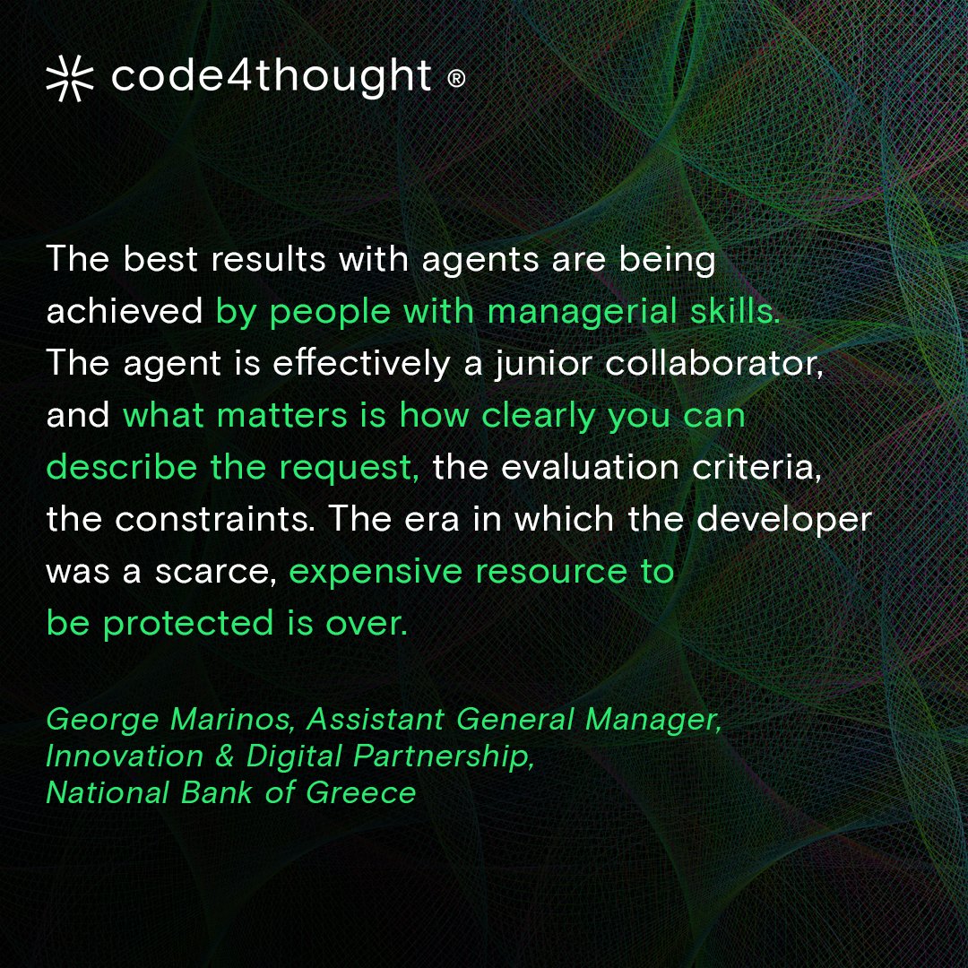 Code4thoughtE's tweet photo. The era of the developer as a protected resource is fucking over. George Marinos drops hard truths on AI: productivity of thought > typing. The devs winning right now treat AI like a junior coder. Master the intent.

https://t.co/Vntmsl68fR

#code4thought https://t.co/xP77vW7MUL