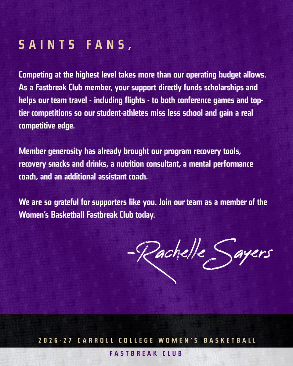 CCSaintsWBB's tweet photo. Come win with us.
The 2026-27 Carroll College Women’s Basketball Fastbreak Club fundraiser is live, and we need your help keeping our program at the top.
Make a contribution at the link in our bio to join our team today🏀
#WinnersStay | #WinWithUs https://t.co/E1HaNsfJIn