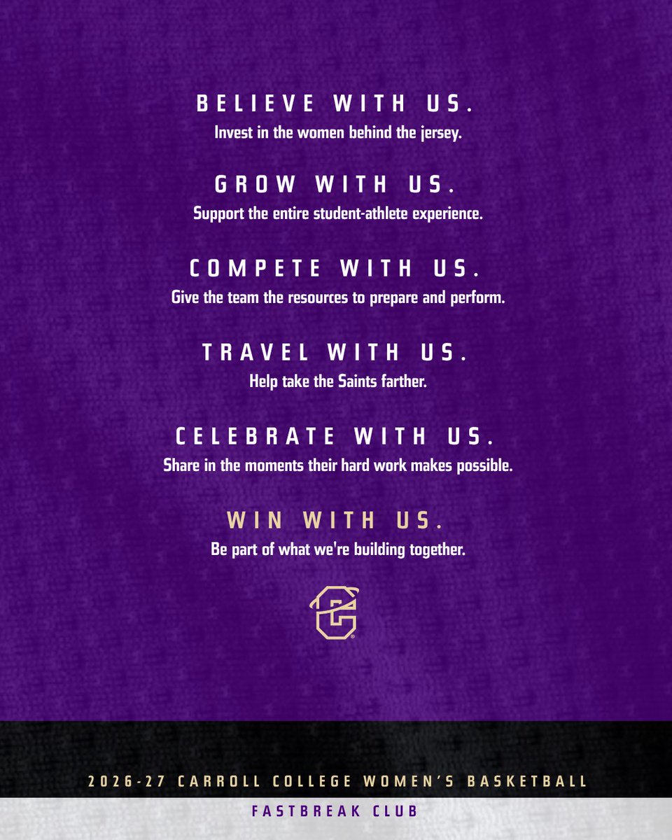 CCSaintsWBB's tweet photo. Come win with us.
The 2026-27 Carroll College Women’s Basketball Fastbreak Club fundraiser is live, and we need your help keeping our program at the top.
Make a contribution at the link in our bio to join our team today🏀
#WinnersStay | #WinWithUs https://t.co/E1HaNsfJIn