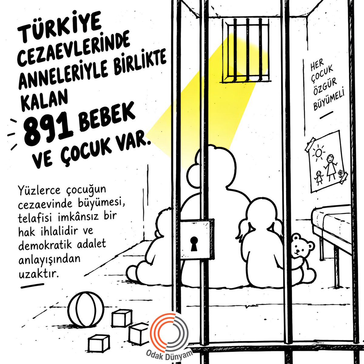 odakdunyam's tweet photo. Türkiye cezaevlerinde anneleriyle birlikte kalan 891 bebek ve çocuk var.

Yüzlerce çocuğun cezaevinde büyümesi, telafisi imkânsız bir hak ihlalidir ve demokratik adalet anlayışından uzaktır.

Herkesİçin Demokrasi https://t.co/nv18zqeFwg
