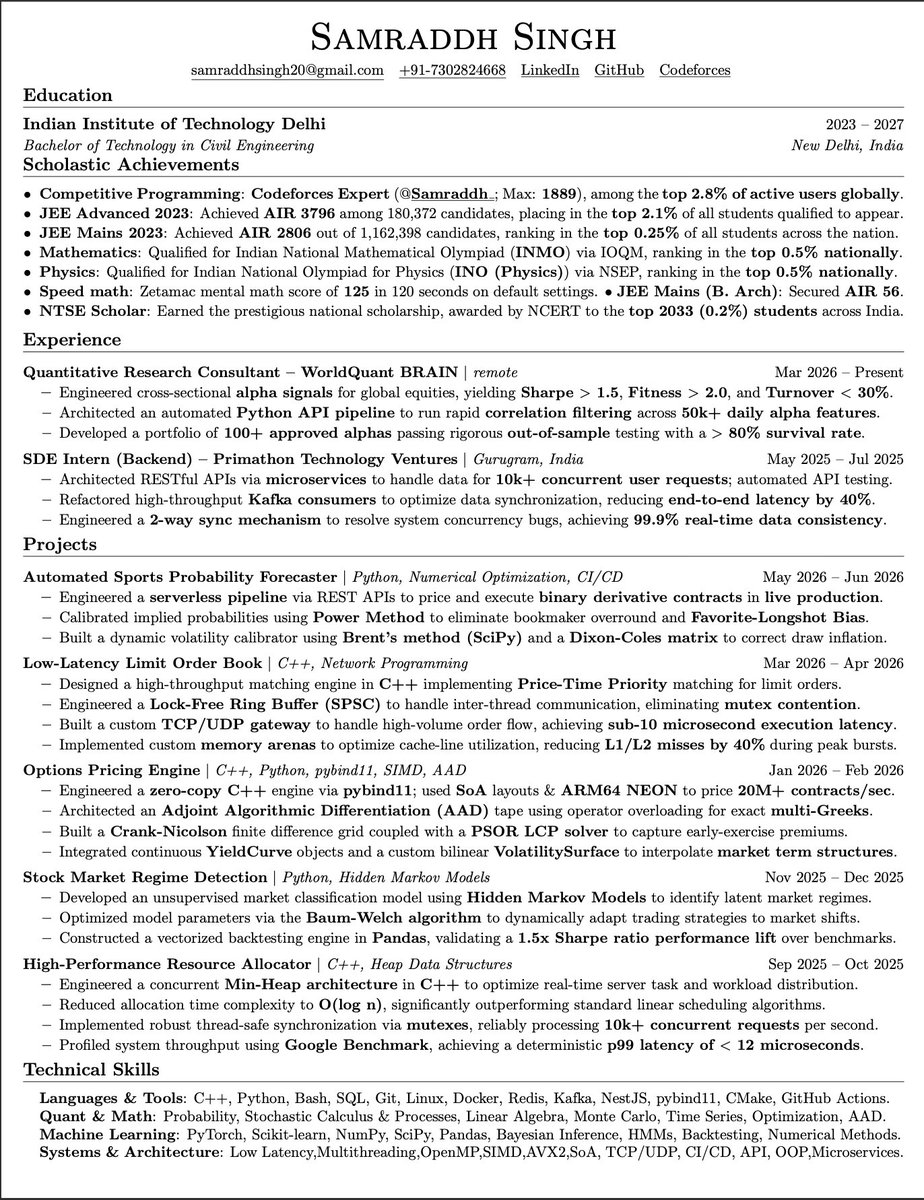 samraddh20's tweet photo. Resume for Placements'26

I am a final-year undergraduate student at IIT Delhi actively seeking full-time opportunities in Quantitative Finance, Systems Development, and Software Engineering. https://t.co/gKPHO4tEgt