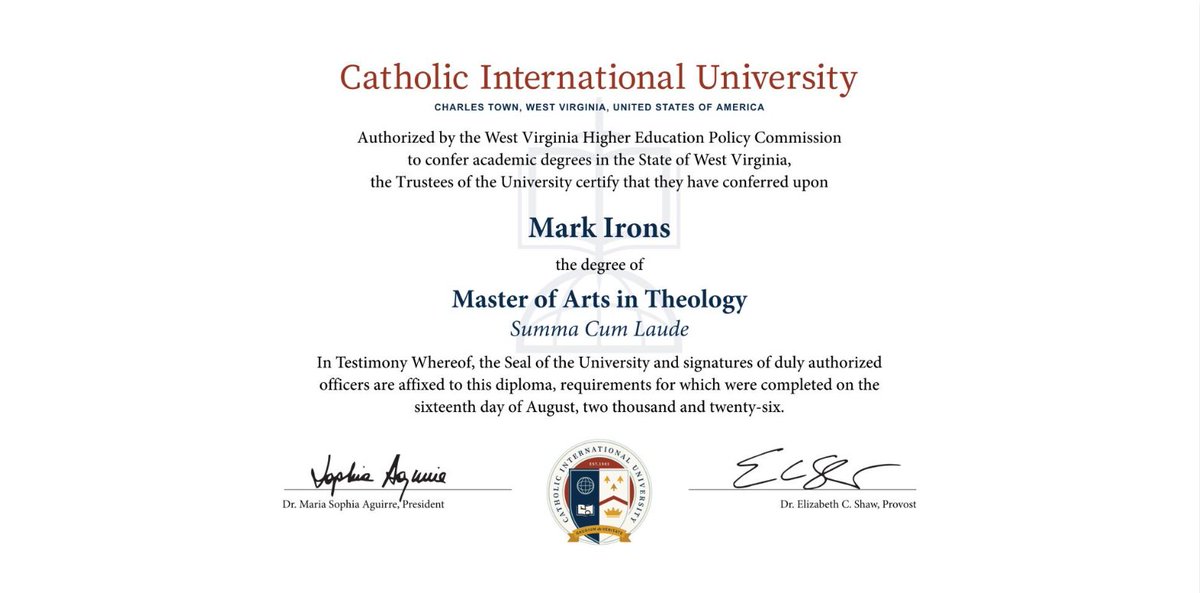 MarkIronsMedia's tweet photo. Grateful to graduate with my Master's degree in Theology from Catholic International University. God is good! https://t.co/gq5K27Ib5i