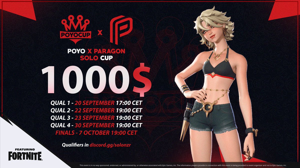 PoyoCup's tweet photo. POYO x @ParagonTweaks $1000 SOLO CUP 🏆

• Best practice for FNCS Solos
• 4 Qualifiers in https://t.co/ZBu7VKUhI7
• All information &amp; Sign Up on discord

20 Finals Spots for Pros - Who wants an invite? 👀 https://t.co/gbi4Fr8iTY