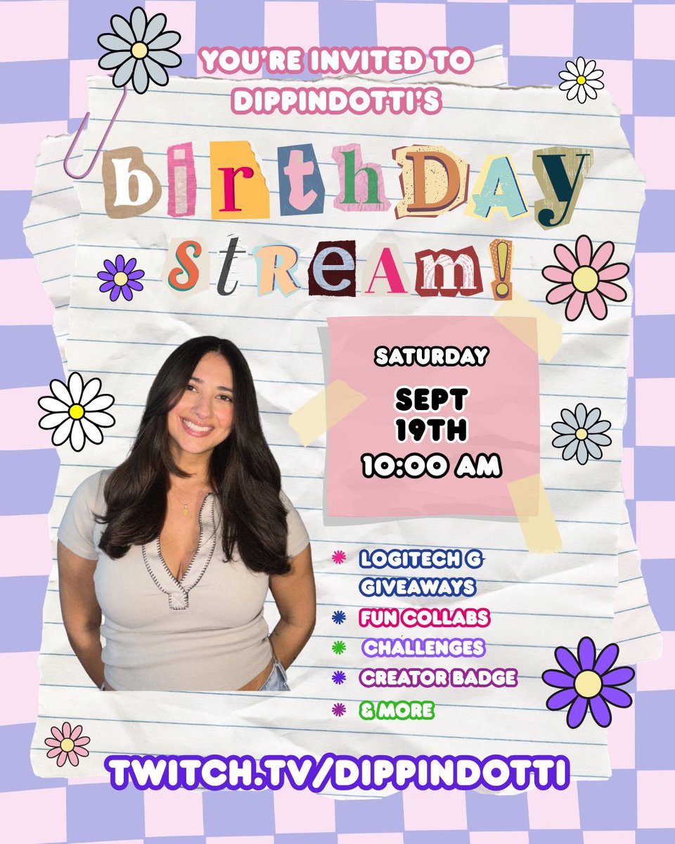 dippindottii's tweet photo. MY BIRTHDAY IS THIS SATURDAY AND YOU’RE INVITED!! 🥳💜

Come celebrate with me for a special Birthday Stream!! 🎂

We’ve got @LogitechG giveaways, fun collabs, challenges, a special Birthday Creator Badge & MORE 👀

📅 Sept 19th
⏰ 10 AM ET

I CAN’T WAIT TO CELEBRATE WITH YOU ALL!! 🥹💜🎉