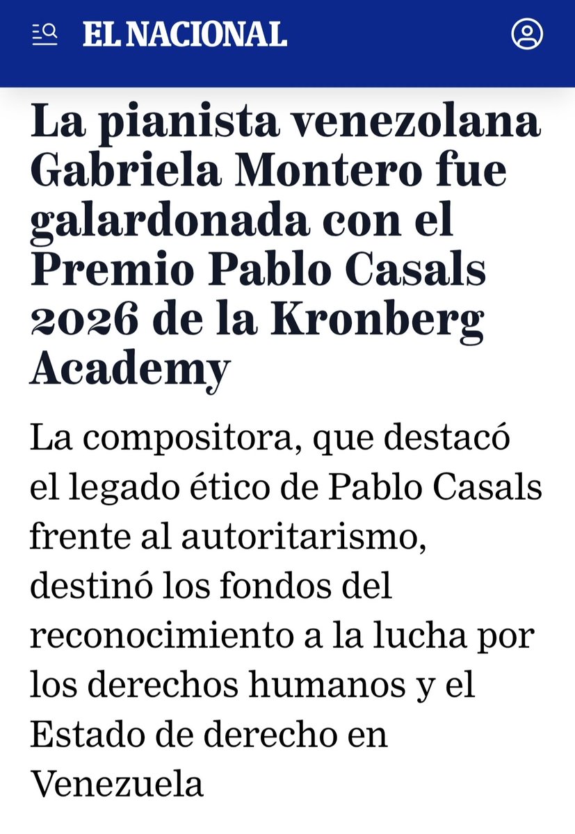 vzlanalliancech's tweet photo. Desde VAS celebramos con orgullo la excelencia de nuestro talento nacional. 🇻🇪
Felicitamos a la pianista Gabriela Montero, quien recibirá el Premio Pablo Casals 2026 de la Kronberg Academy por su virtuosismo musical. Así como también por su compromiso con la libertad y los DDHH. https://t.co/KxJzJ5CGzX