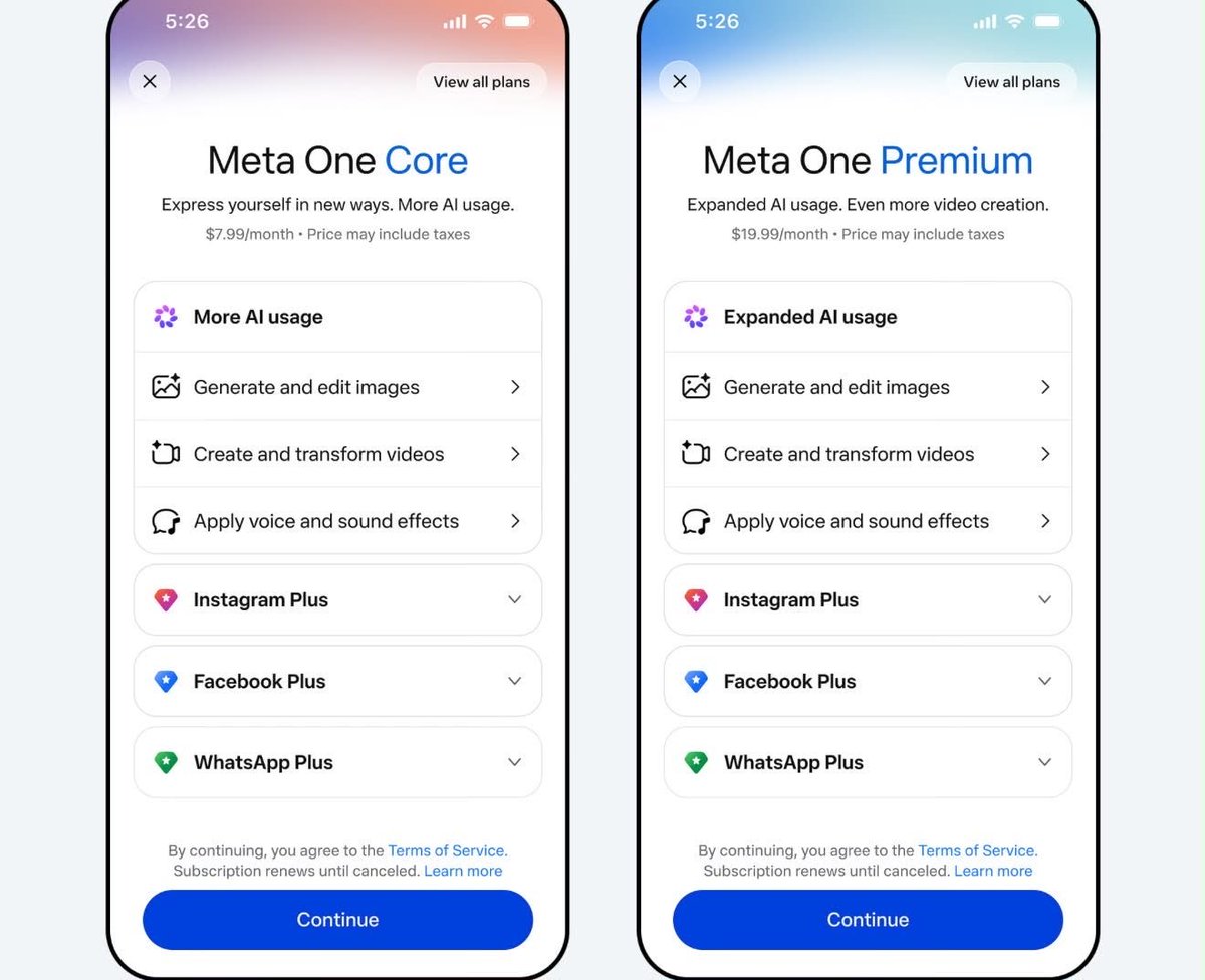 wallstengine's tweet photo. $META launched Meta One, a global subscription spanning Instagram, Facebook, WhatsApp and Meta AI.

Plans start at $2.99/month for individual apps, with bundles up to $19.99 offering expanded AI and creator tools.

Meta One has already reached 15M subscriptions and trials. https://t.co/lzC2XfiWxg