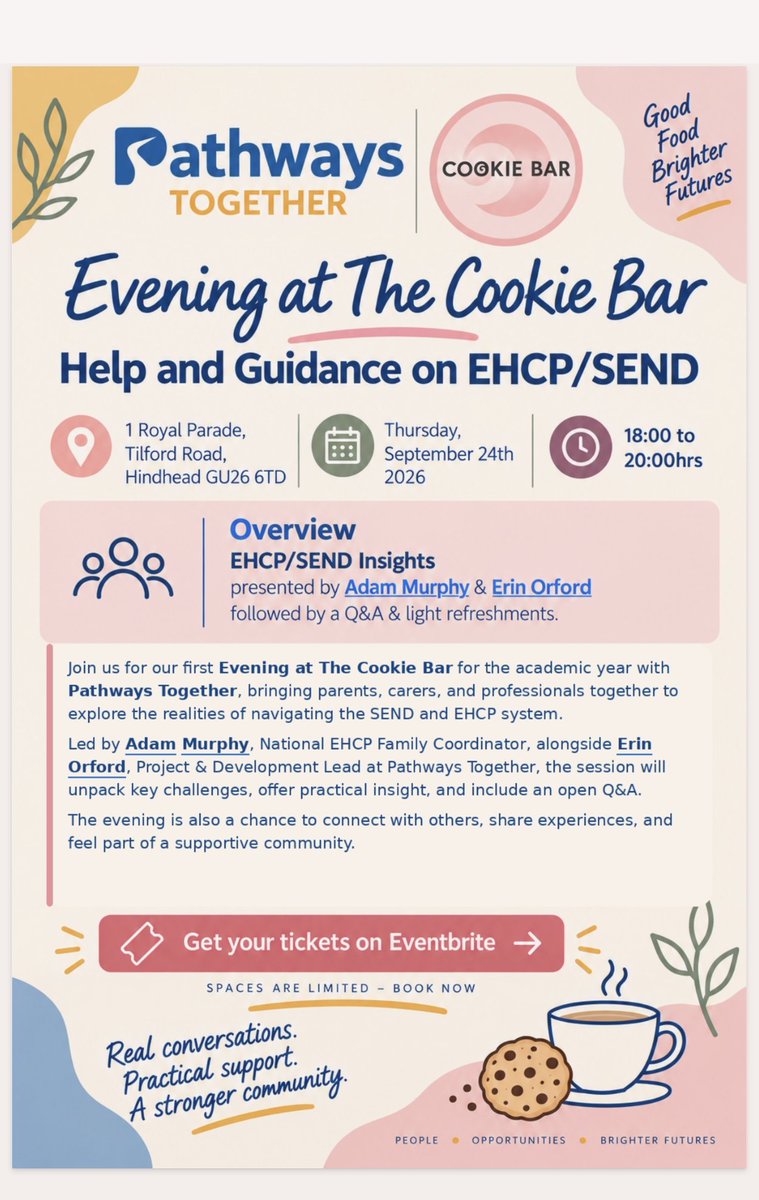 autcareandshare's tweet photo. I've been working now as ehcp family support coordinator for pathways for around 20 months now, im extremely fortunate to have a fantastic job helping and supporting parents and carers, next week im talking at the cookie bar in Hindhead just outside Guildford, the information is below if anyone would like to come and listen to the talk and connect with others in the send community.
