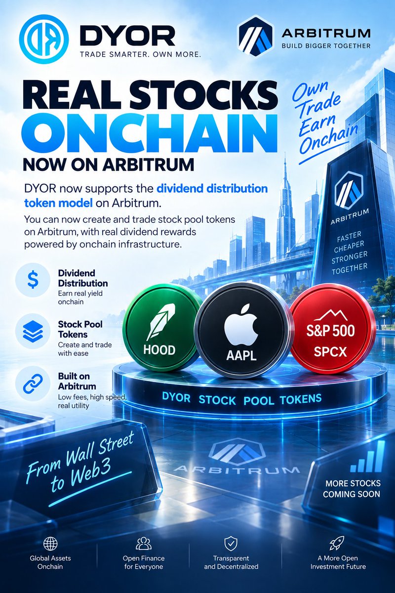 DYORSWAPDEX's tweet photo. Real stocks @RealityFi_xyz  are coming onchain with DYOR on @arbitrum 
DYOR now supports a dividend-distribution stock pool token model on Arbitrum.
Builders can create tokens backed by stock pools, with current support for:
HOOD · AAPL · SPCX
More stocks are being added.
From Wall Street to Web3 — build, trade and earn onchain with DYOR.
#DYOR #Arbitrum #RWA #TokenizedStocks
https://t.co/sVukIZrYsE