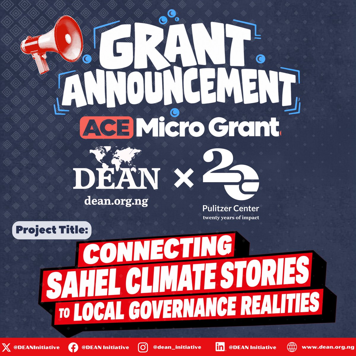 DEANinitiative's tweet photo. Grant Announcement and Project Launch! 

DEAN Initiative is pleased to announce its selection as one of the ACE Microgrant beneficiaries.  supported by the Pulitzer Center (@pulitzercenter)! 📢✨  

Our new project, "Connecting Sahel Climate Stories to Local Governance Realities," bridges global climate reporting with grassroots action in Abuja. 

As we flag off this project, We are utilizing investigative climate journalism as a tool for local community engagement through dialogues, policy accountability, and youth-led digital advocacy.  
Stay tuned for more updates! 🚀🌱
#ACEMicroGrant #PulitzerCenter #DEANInitiative #ClimateAction #SahelClimateStories