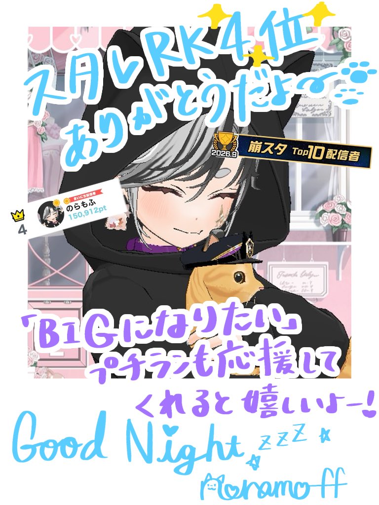 NoraDogMoff's tweet photo. みんなの応援でスタレRK
なんと✨4位✨
RKを走ること自体初めてで手探りの中、本当にありがとうー‼️‼️

19日にBIGになりたいプチランも走る🏃‍♀️💨
企画とか考えてるから応援してくれると嬉しい‼️

あと荒らしさんに気をつけて、ね‼️

#おやすみＶライバー
#ミラティブ
#ミラティブ配信者さんと繋がりたい https://t.co/1bs2ZKwxs1