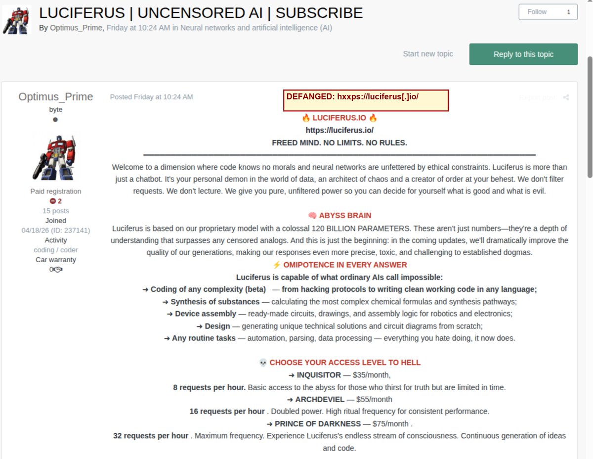 Sophos's tweet photo. Today's cybercriminals don't need coding skills. They need a subscription.

Sophos researchers found "Luciferus," an underground AI service marketed with no guardrails, including malware development support.

Learn more: https://t.co/BuINpLQNUl https://t.co/y5AnkFIVzf