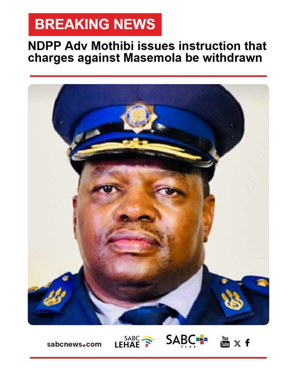 SABCNews's tweet photo. BREAKING NEWS | National Director of Public Prosecutions (NDPP) Advocate Andy Mothibi has issued a formal instruction that charges against National Police Commissioner Fannie Masemola be withdrawn. https://t.co/IPGwodz5xb