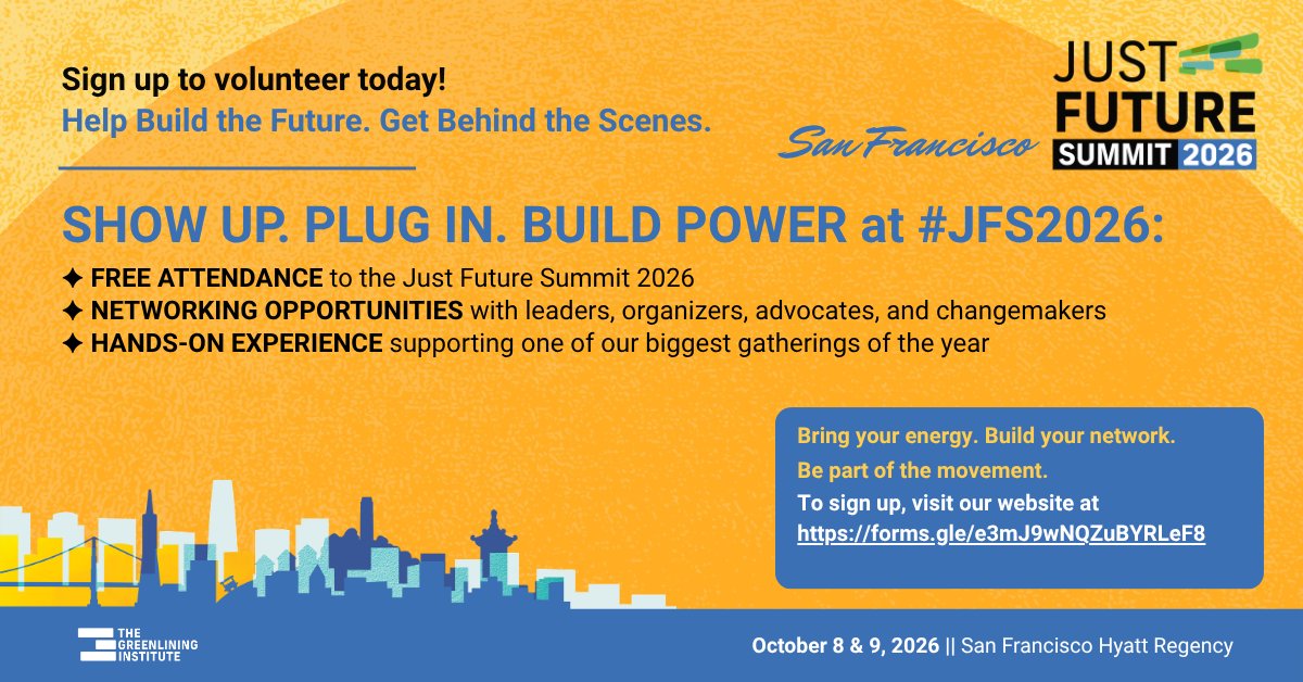 Greenlining's tweet photo. This October 8-9, volunteer at #JFS2026 and get free access to the Summit while connecting with movement builders, getting backstage access, and helping create the energy that makes this gathering happen.

🤝 Get Involved. 
✊ Build power. 
🙂 Volunteer:  https://t.co/4NMht0aBmk https://t.co/tLuB0896FR