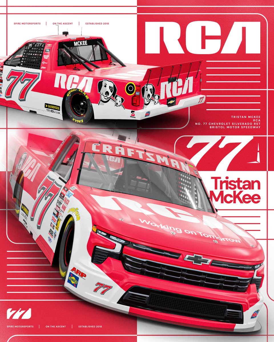SpireMotorsport's tweet photo. Michael and Tristan will be twinning in Bristol.

@TristanMckee_ will drive this No. 77 RCA Chevrolet Silverado RST Thursday night in Thunder Valley. https://t.co/yxSvCA2pvQ