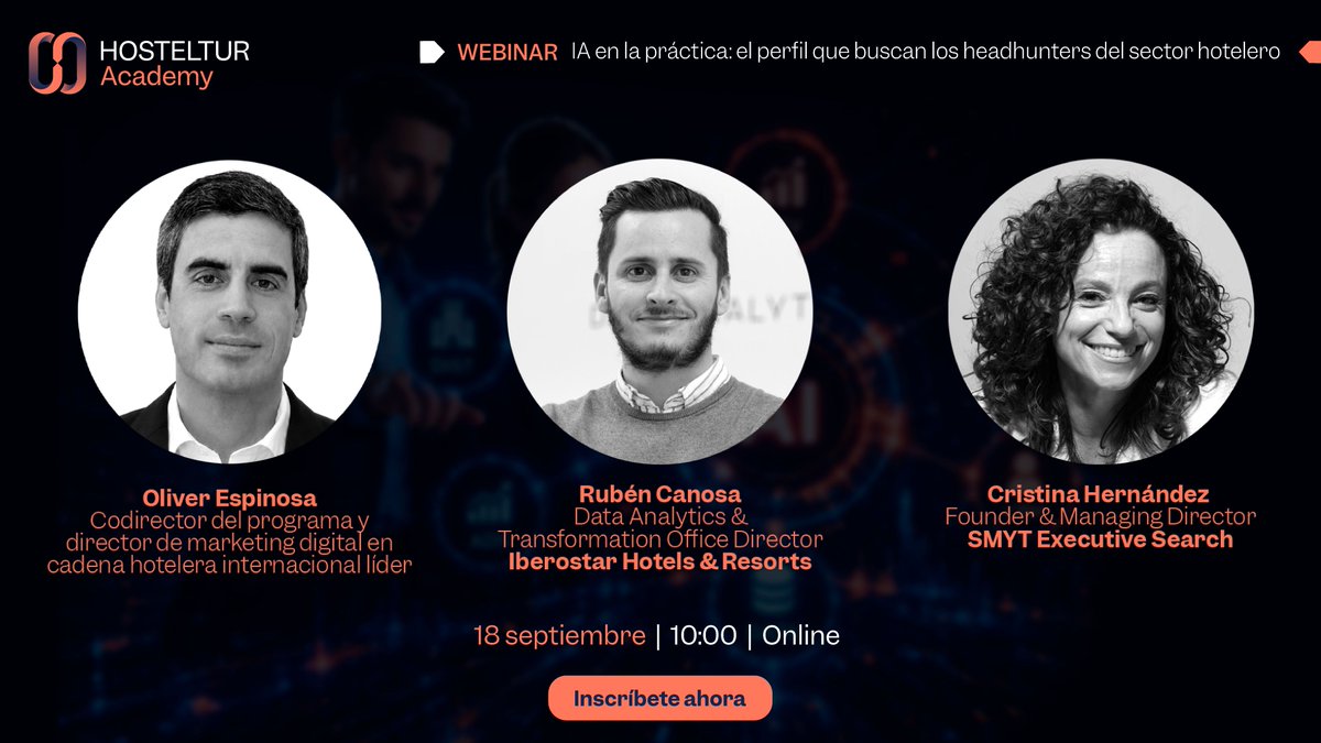 hosteltur's tweet photo. 🟠 El 86% de las cadenas hoteleras europeas ya usa inteligencia artificial. El 80% no tiene una estrategia formal para gestionarla.

Dos preguntas que el sector no puede seguir aplazando: ¿quién lidera la IA dentro de una organización hotelera? ¿Y existen ya los perfiles para hacerlo?

Rubén Canosa (Iberostar) y Cristina Hernández Santonja (Smyt) lo cuentan sin filtros en este webinar: el caso real de gobierno de IA en una cadena de más de 300 hoteles, y la visión de quien busca estos perfiles en el mercado cada día.

Modera Oliver Espinosa, codirector del Programa Ejecutivo en IA Aplicada al Marketing Hotelero de #HostelturAcademy.

📆 18 de septiembre · 🕥 10:00h
➡️ Inscríbete en: https://t.co/p8ULme6vmG