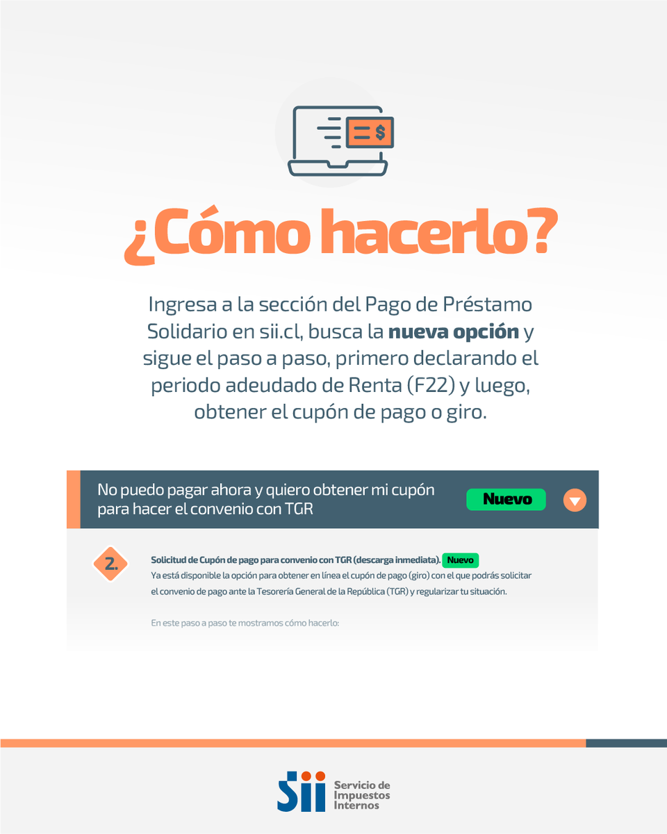 SII_Chile's tweet photo. 💡 Una nueva alternativa está disponible para quienes mantienen cuotas adeudadas del Préstamo Solidario. Ingresa a https://t.co/UPsYBLUuyT, conoce la nueva opción disponible y completa tu trámite en línea. ✨ 📲 #SII #préstamosolidario #tgr #regularizar #RegularizaciónTributaria https://t.co/MoQK4XFfjI