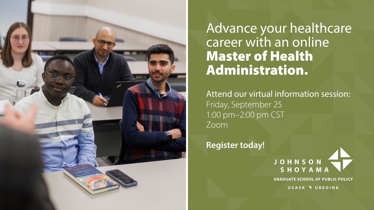 JSGSPP's tweet photo. Ready to strengthen your leadership in healthcare?

Join our virtual information session to learn how the online Master of Health Administration (MHA) program can help you build the skills needed to make an impact in the health sector.

Register today: https://t.co/6x8ucLPMEC https://t.co/Up6AZSVYs1