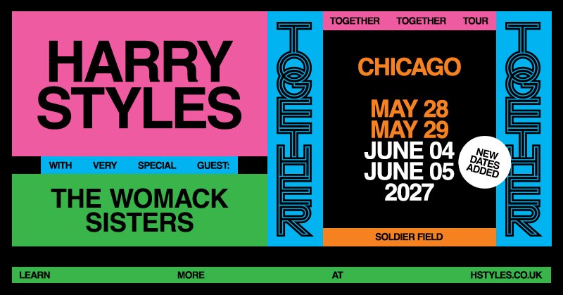 SoldierField's tweet photo. JUST ANNOUNCED: Harry Styles: Together, Together has added June 4 &amp; 5 in Chicago at Soldier Field.

Presales start now! https://t.co/ZyYgvd8I9k