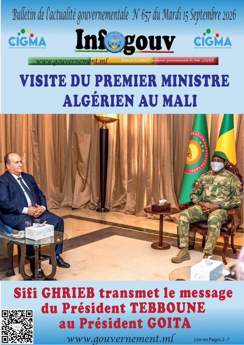 Gouvernememali's tweet photo. #CIGMA #INFO #INFO_GOUV
La Une de votre bulletin quotidien de l'actualité gouvernementale du Mardi 15 septembre 2026.
À lire sur https://t.co/unnuPUhOnN
#CIGMA https://t.co/MUcZ7IxoUb