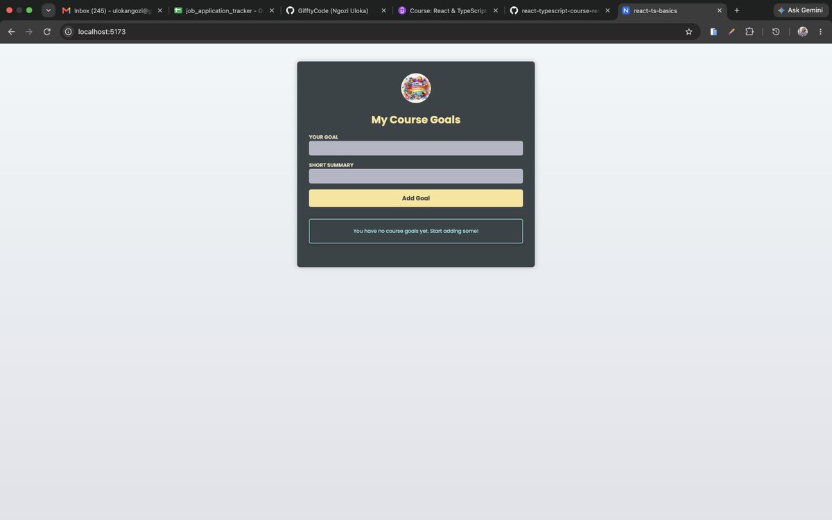 Gifftybabe's tweet photo. Day 9/100

Okayyy, TypeScript is starting to look less scary 😂

Today I combined what I’ve learnt so far to build a simple Goal Tracker with React + TypeScript

Learning concepts is one thing. Putting them together and seeing the app work? 🔥

#100DaysOfTypeScript #BuildInPublic https://t.co/PWNaXklSXJ