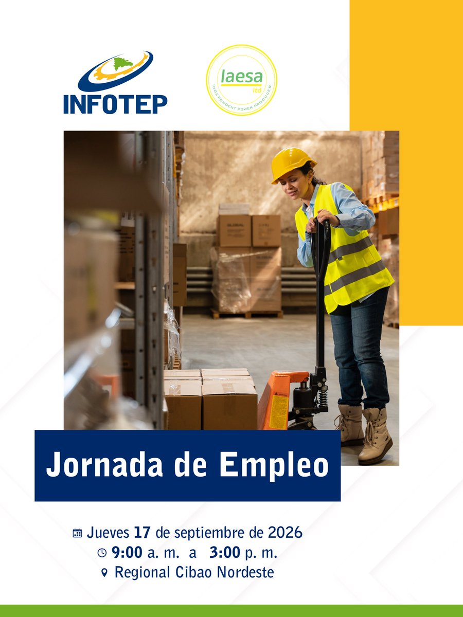 InfotepRD's tweet photo. ¡Oportunidades laborales en San Francisco de Macorís!

Este jueves 17 de septiembre, participa en nuestra Jornada de Empleo y conoce las vacantes disponibles en diferentes áreas.

📍 Regional Cibao Nordeste
🕘 9:00 a. m. a 3:00 p. m.

Desliza ⏩️

#INFOTEP https://t.co/ozupiL0znT