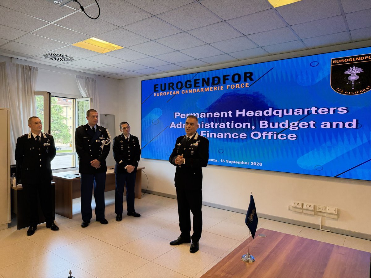 Eurogendfor's tweet photo. #EUROGENDFOR welcomed the delegation for the 2025 financial-year audit at the Permanent HQ in Vicenza. 🔎

Welcomed by the Deputy Commander and accompanied by the ABF Office, representatives from Poland, Spain and Italy safeguard transparency and accountability. 💰

#LexPaciferat https://t.co/jZvzXDpGQP