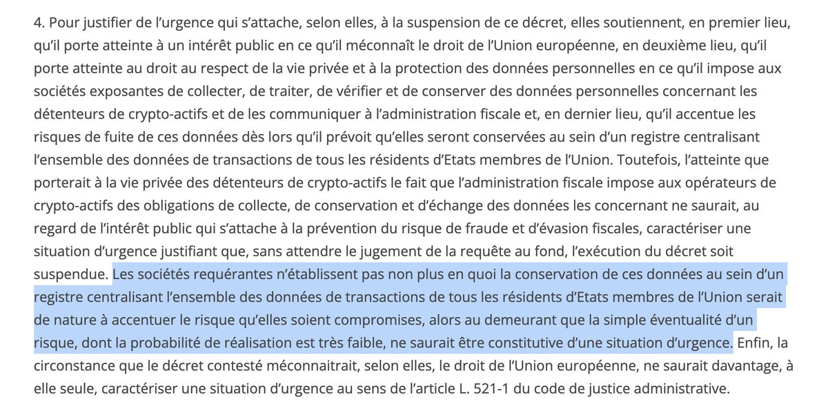gregory_raymond's tweet photo. 🔴 Le Conseil d'État vient de rejeter le référé déposé par @Paymium et @BullBitcoinFR contre le décret qui oblige les prestataires crypto français à transmettre au fisc les données de leurs clients.
Ce que les sociétés contestaient : le décret du 19 décembre 2025, qui applique en France la directive européenne DAC8.
Collecte, vérification et conservation des données personnelles des détenteurs de crypto-actifs, transmission à l'administration fiscale, puis centralisation dans un registre couvrant les transactions de l'ensemble des résidents de l'UE.
Leur argument le plus concret portait sur le risque de fuite d'un fichier de cette taille.
Réponse du juge : la probabilité est "très faible", et une simple éventualité ne suffit pas à caractériser l'urgence.
La semaine dernière, le Parquet national anticriminalité indiquait que plus de 70 enlèvements ou séquestrations liés aux cryptos avaient été recensés sur les huit premiers mois de 2026.
La grande majorité d'entre eux se sont produits à cause de fuites de données.