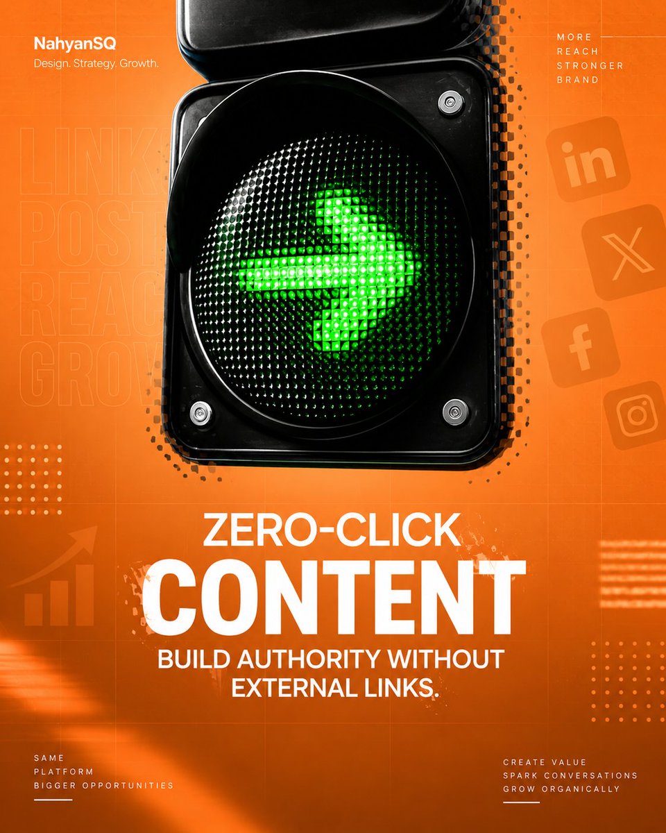 nahyansq's tweet photo. Zero-Click Content: How to build authority on platforms that hate external links.

Social algorithms (LinkedIn, X, Facebook) penalize posts with outbound links because they don't want users leaving the platform.

#nahyansq #DigitalMarketing #ZeroClick #OrganicReach #Strategy https://t.co/PdHl3RdHtW