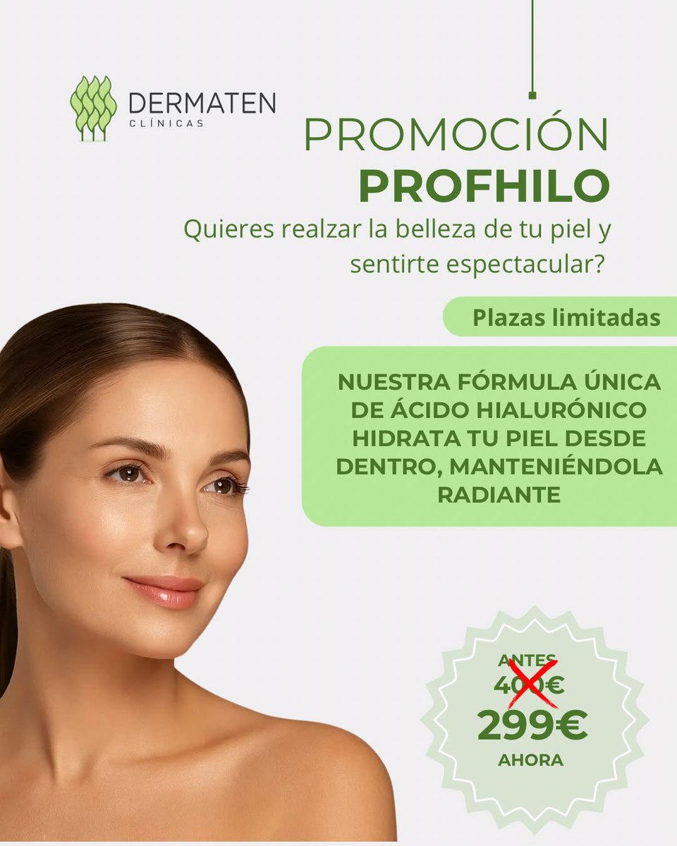 clinicadermaten's tweet photo. ✨ ¡Tu piel merece sentirse espectacular! ✨

En Dermaten Clínicas tenemos una promoción especial de Profhilo, el tratamiento de ácido hialurónico que ayuda a hidratar y mejorar la calidad de la piel desde el interior, aportando un aspecto más luminoso, terso y radiante. 💚 https://t.co/FfE7rGWNl1