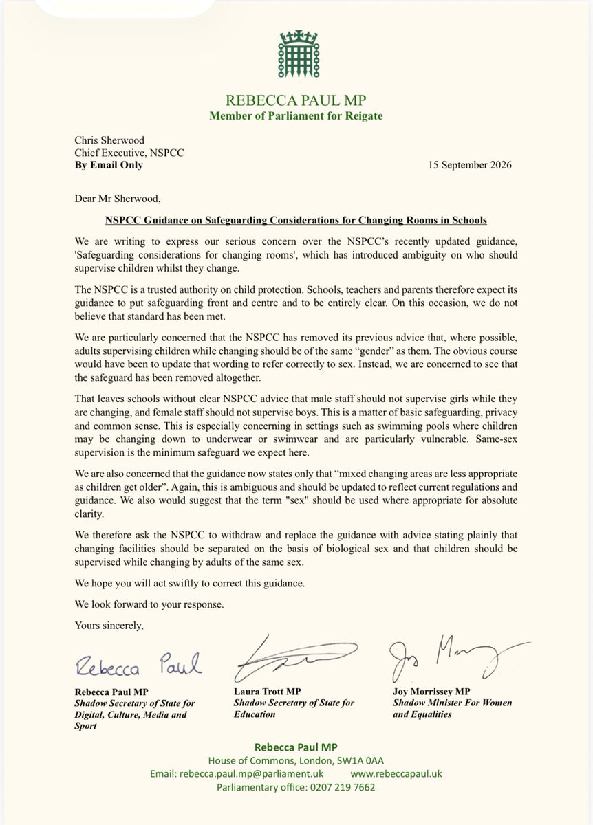 Rebecca_SPaul's tweet photo. My goodness me. Labour really are in a muddle on basic child safeguarding. 

I can confirm that, unlike Labour, @LauraTrottMP, @joymorrissey  and I are very much against male teachers watching girls get changed. We have written to the @NSPCC to raise our concerns about their guidance. 

The @Conservatives will always put child safeguarding first.