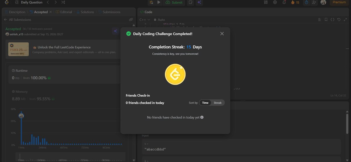 ashish_a15's tweet photo. Day 117: DSA &amp; Databases 🚀

✅ LC 2472. Max Non-overlapping Palindromes (POTD)
✅ Count Greater on Right Queries

Officially wrapped up CS50 SQL Week 0!  
all 4 problems fully checked off. 1/8 weeks down. 
The DB grind is real! 🔥

#DSA #LeetCode #CS50 #SQL #Coding https://t.co/lAKM4aUngx