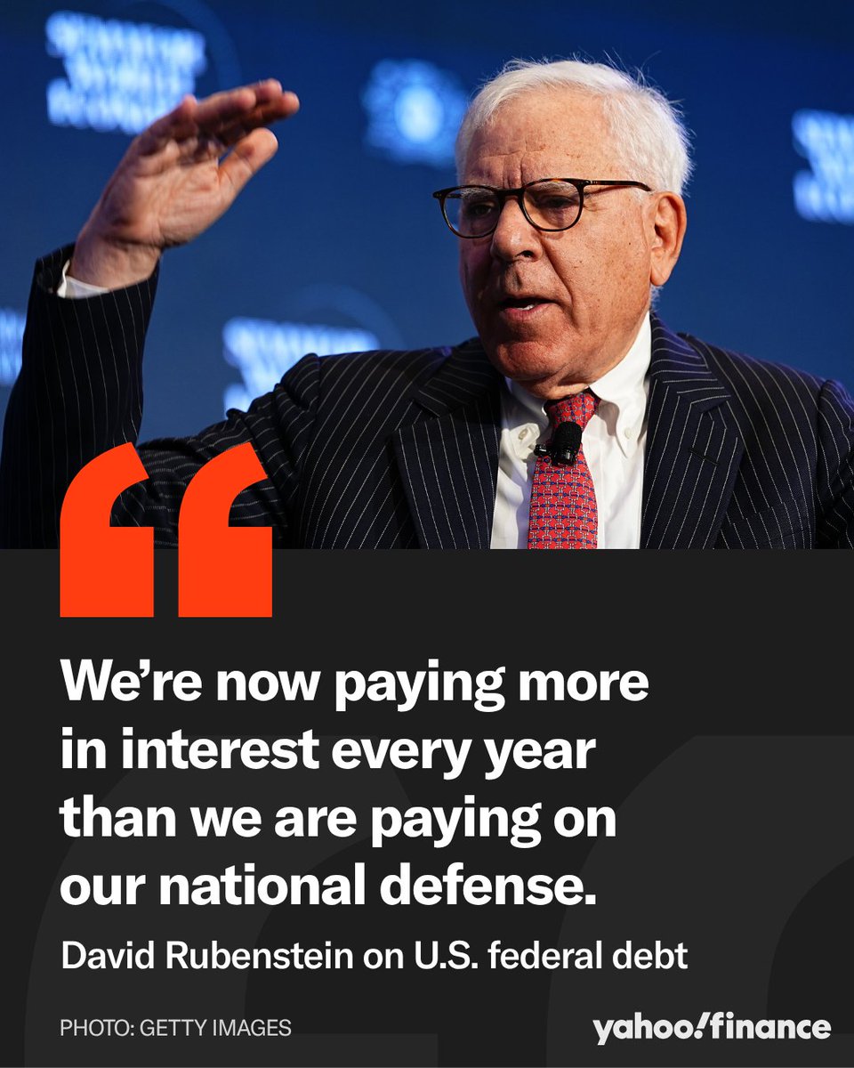 YahooFinance's tweet photo. The US government is now spending a record 18.5% of its total revenue just to cover interest on its debt.

With annual interest payments ballooning to $1.25 trillion, billionaire investor David Rubenstein warns the surging debt load is becoming a major threat to US national security.

Read more: https://t.co/EBu5Q3l1YC
