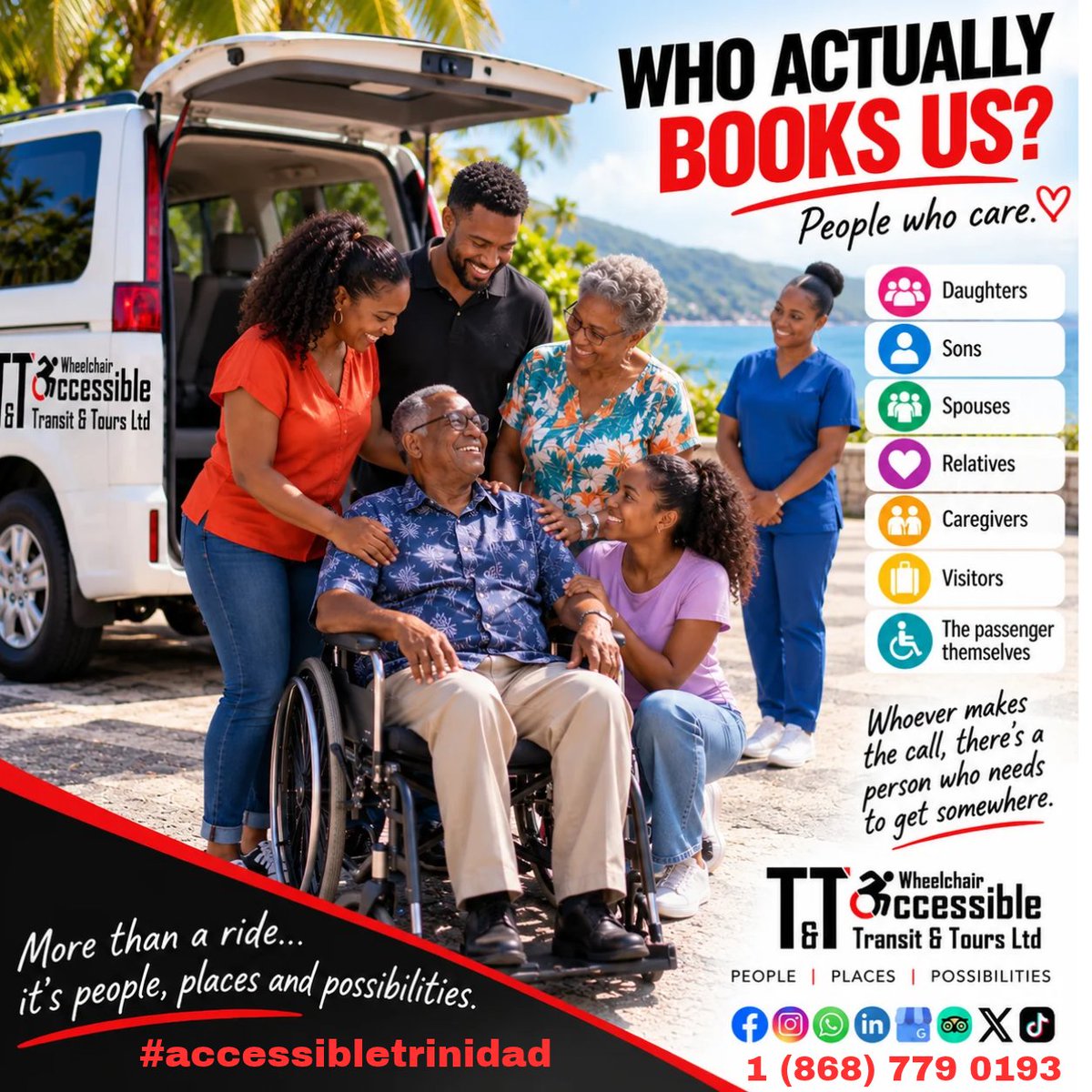 TTWheelchair's tweet photo. WHO BOOKS ACCESSIBLE TRANSPORTATION? 🚐♿

Daughters. Sons. Spouses. Relatives. Caregivers. Visitors. The passenger themselves.

Whoever calls, there's a person who needs to get somewhere

 (868) 779-0193 🇹🇹
#accessibletrinidad

#trinidadandtobago #trinidad #trinidadwheelchair https://t.co/es0ktqla7w