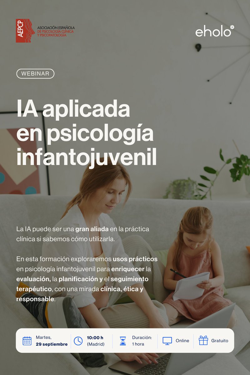 AEPCP's tweet photo. 🤝 #AEPCP + #Eholo: una nueva ventaja para socios/as

Colaboramos con Eholo para facilitar la gestión de la práctica profesional en psicología, con condiciones especiales para socios/as.

🧠 Formación online gratuita: IA aplicada en psicología infantojuvenil
📅 29/09 | 🕙 10:00 h https://t.co/4emPUqzB2S