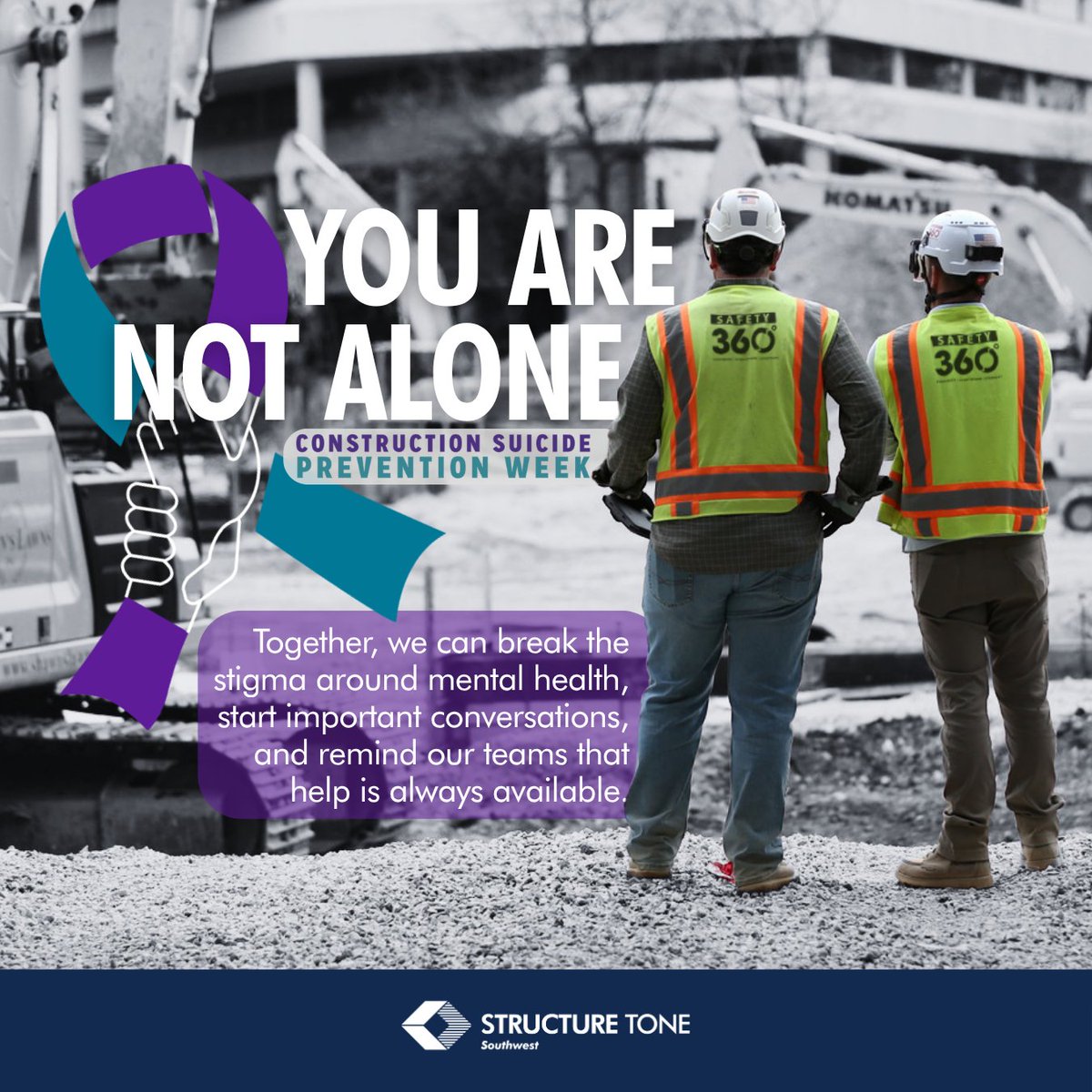 StructureToneSW's tweet photo. Looking out for each other is part of the job.

This Construction Suicide Prevention Week, we're joining our industry in bringing greater awareness to mental health and reminding our teams that no one has to navigate a difficult time alone. https://t.co/DJqP1z9oEv
