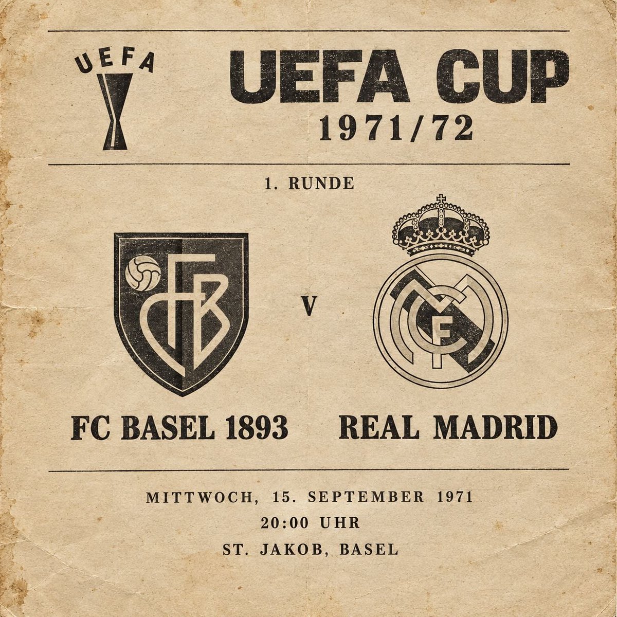 maxi1893ls's tweet photo. 🔙 𝑭𝑪𝑩-𝑯𝑰𝑺𝑻𝑶𝑹𝒀 🔴🔵

Am heutigen Tag im Jahr 1971 spielte Real Madrid in der ersten Ausgabe des UEFA Cups im St. Jakob-Park gegen unseren FCB. Dieser schlug sich wacker und konnte dem Topteam aus Spanien ein starkes 1:2 abringen.

#rotblaulive @FCBasel1893 https://t.co/AFr76V4BlH