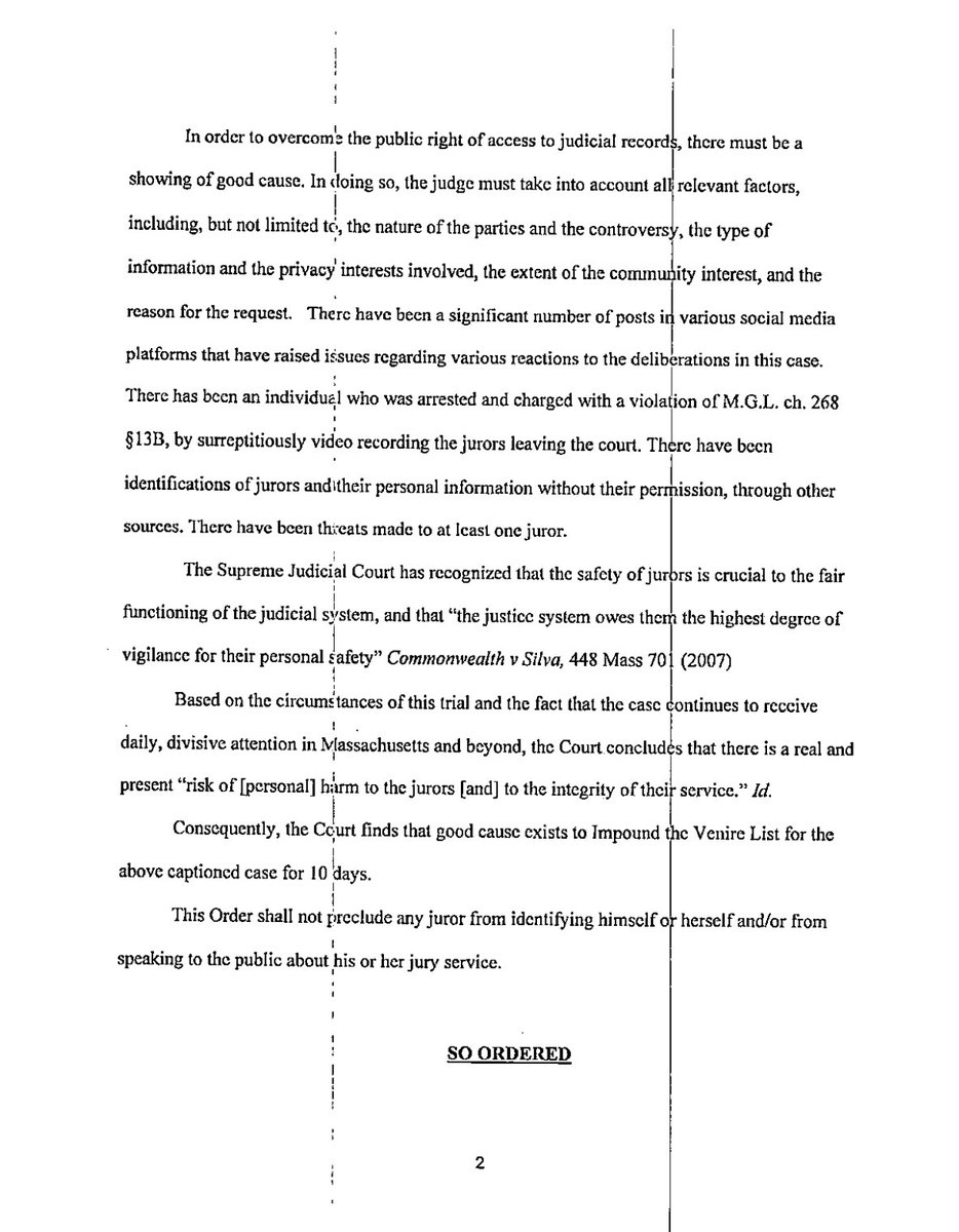 TheLinzerShow's tweet photo. 🚨BREAKING — JUST FILED - NEW CLANCY JURY ORDER EXPLAINS THE DIFFERENCE IN WHAT’S BEING SEALED

A newly filed order in the Lindsay Clancy case temporarily impounds the venire list — the larger pool of people summoned for jury duty — for 10 days because of juror safety concerns.

This is different from the earlier order involving the actual jurors and alternates, whose identities were first sealed for a limited period and have since been reported as sealed indefinitely unless the court orders otherwise.

Judge William Sullivan says jurors were identified online, personal information was shared, at least one juror was threatened, and someone was arrested for secretly recording jurors leaving court.

The broader jury-pool list = temporarily sealed.

The actual trial jurors = now sealed indefinitely.