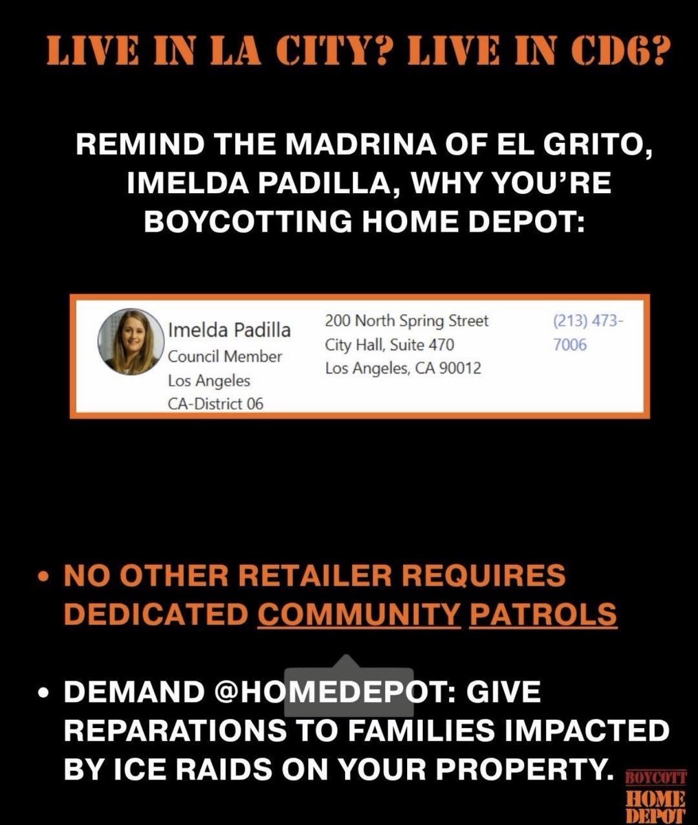 officialniyyah's tweet photo. CD6 NEWS: Council member Imelda Padilla Reportedly Rescinds Home Depot Partnership After Community Call-Outs 

Sources: Aetna Street Solidarity, CD6LosAngeles, Boycott Home Depot Coalition, Union de Barrio, Community Self Defense Coalition, Harriet Tubman Center LA https://t.co/PpMqPVpPUv