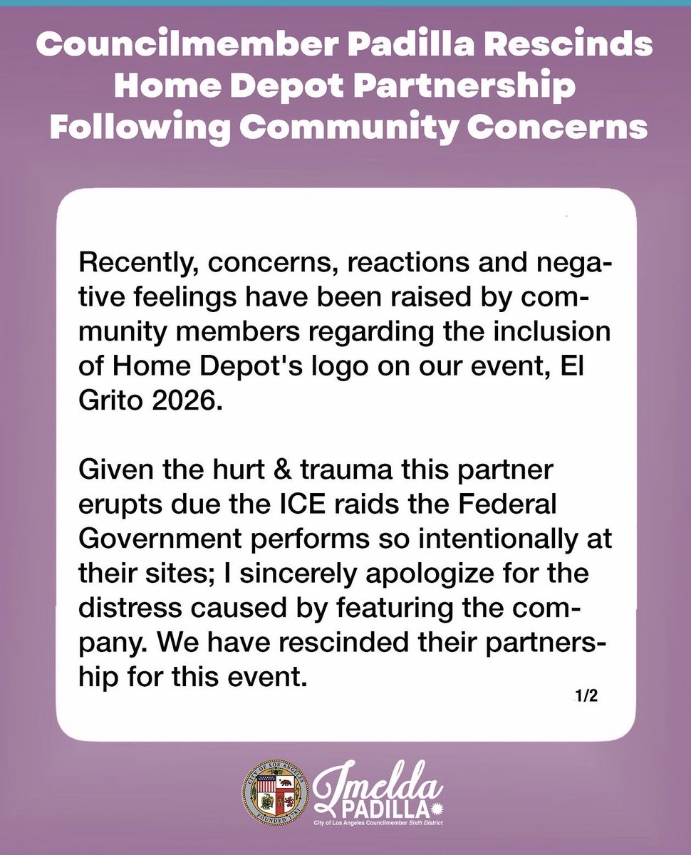 officialniyyah's tweet photo. CD6 NEWS: Council member Imelda Padilla Reportedly Rescinds Home Depot Partnership After Community Call-Outs 

Sources: Aetna Street Solidarity, CD6LosAngeles, Boycott Home Depot Coalition, Union de Barrio, Community Self Defense Coalition, Harriet Tubman Center LA https://t.co/PpMqPVpPUv