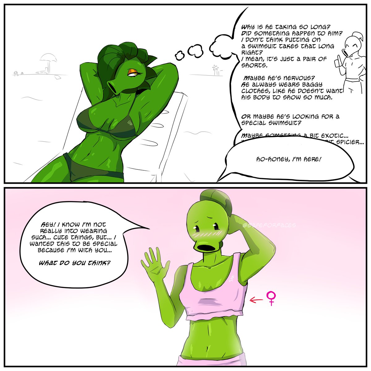 SafeForFaces's tweet photo. 🍃 Yuri AU
Context: When I made the previous comic, I didn't know the Peashooter was male (because I didn't read the title). So I drew them thinking they didn't have a specific gender. I used this as a reference: https://t.co/rTcbQAbvBG
