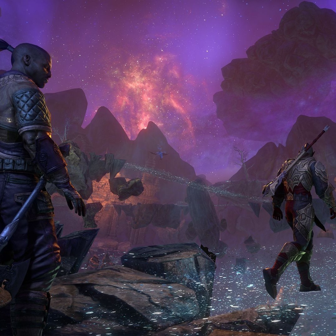 Explorers from Tamriel wander through the starry Nowhere Vault.