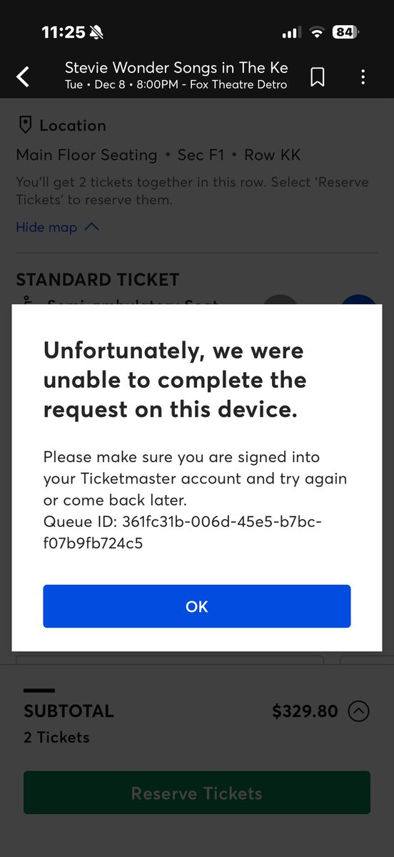 3xquisiteBeauty's tweet photo. So @Ticketmaster is clearly glitching! My mother and I sat in queue for 30-40min get to pick tickets and then it gives a weird message when purchase time. This has been going on since 10:15am. It’s really not fair… the seats are there but we are being kicked out &amp; app glitching https://t.co/7tMHBhYIQc