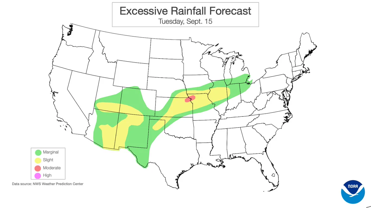Excessive Rainfall Forecast for Tuesday, September 15. A Moderate Risk of excessive rainfall is centered over a small portion of eastern Nebraska and western Iowa. Slight Risk areas extend from Nebraska and Iowa east into northern Illinois, and from parts of Arizona and New Mexico northeast into the central Plains. Marginal Risk surrounds these areas, extending from the Southwest into the Great Lakes.